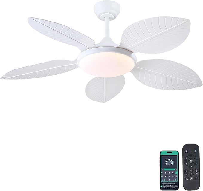 Ceiling Fans with Lights and Remote/APP Control, 48 Inch Tropical Ceiling Fan for Bedroom Living Room, Outdoor Palm Leaf Ceiling Fan for Patios Porch, Dimmable, 6 Speeds, Reversible, White