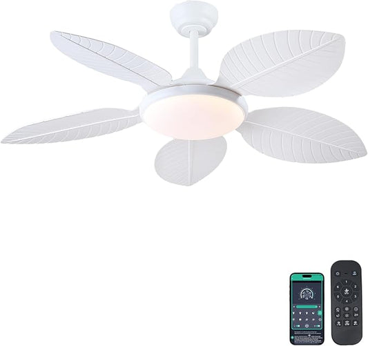 Ceiling Fans with Lights and Remote/APP Control, 48 Inch Tropical Ceiling Fan for Bedroom Living Room, Outdoor Palm Leaf Ceiling Fan for Patios Porch, Dimmable, 6 Speeds, Reversible, White