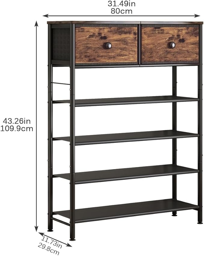 Shoe Rack Organizer 5 Tier Metal Organizer Shelf with 2 Drawers Industrial MDF Board and Layer Fabric for Entryway Closet Bedroom Living Room Garage