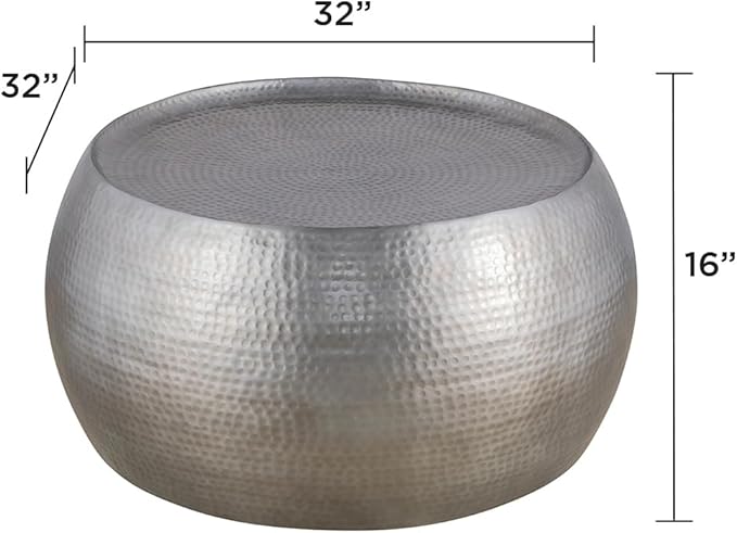 CT501 Modern Contemporary Round Aluminum Material 32" Coffee Table, Farmhouse Table with Glossy Hand Hammered Design Antique Silver