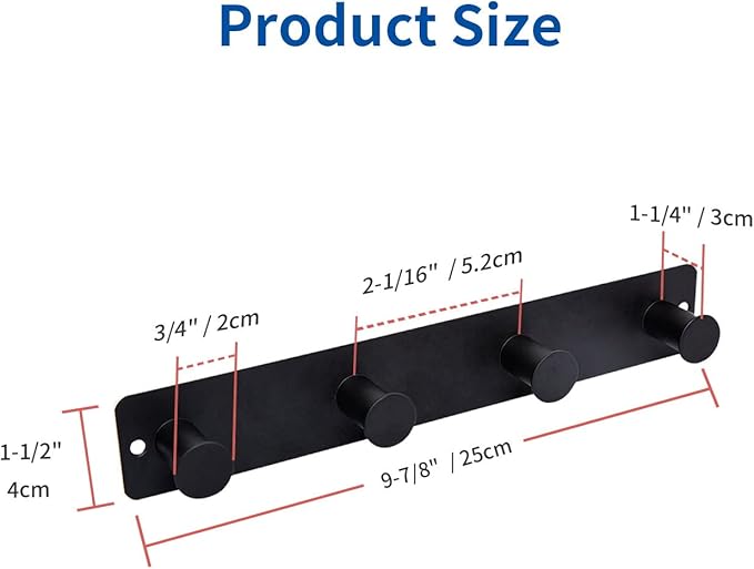 Small Coat Rack Wall Mounted, Black Coat Hooks Adhesive & Screw in, Stainless Steel Wall Hooks for Hanging Hat Towels Clothes, Metal Hook Rail with 4 Round Hangers