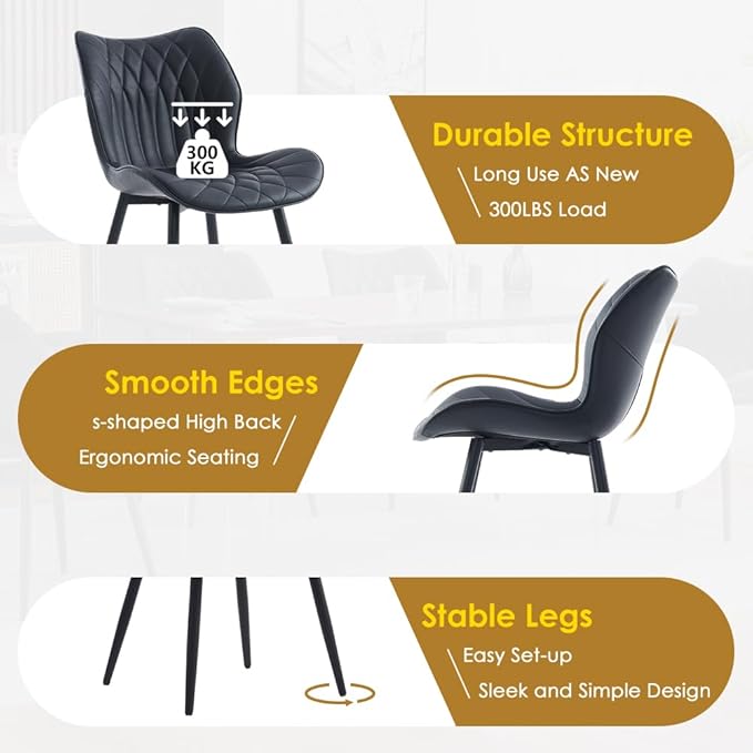 Kidol & Shellder Black Dining Chairs Set of 2 Modern Kitchen Chairs with Back Armless Accent Chairs for Living Room Upholstered Faux Leather Chair Mid Century Comfy Side Chair with Metal Legs