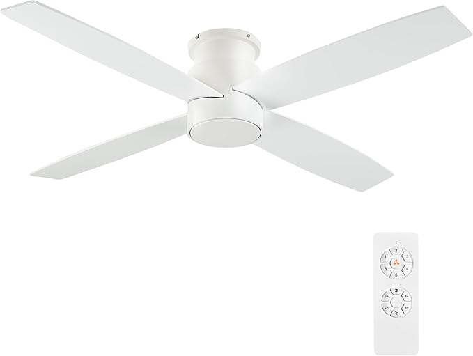 WINGBO 44" Flush Mount DC Ceiling Fan without Lights, 4 Reversible Blades in White/Oak Finish, Ultra Quiet 6-Speed DC Motor, Hugger Low Profile Ceiling Fan No Lights for Bedroom, Indoor/Outdoor Use