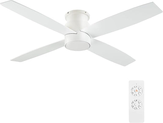 WINGBO 44" Flush Mount DC Ceiling Fan without Lights, 4 Reversible Blades in White/Oak Finish, Ultra Quiet 6-Speed DC Motor, Hugger Low Profile Ceiling Fan No Lights for Bedroom, Indoor/Outdoor Use