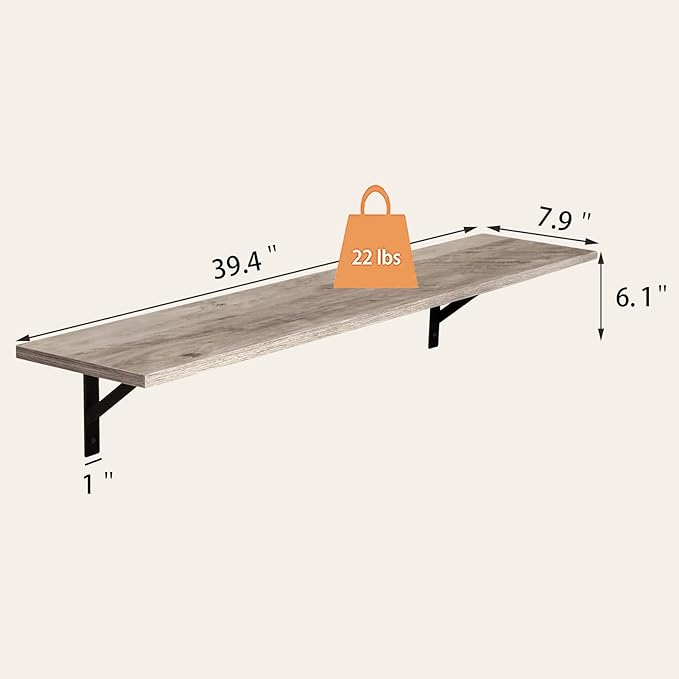 DINZI LVJ Long Wall Shelves, 39.4Inch Wall Mounted Shelves Set of 2, Easy-to-Install, Wall Storage Ledges with Sturdy Metal Brackets for Living Room, Bathroom, Bedroom, Kitchen, Greige
