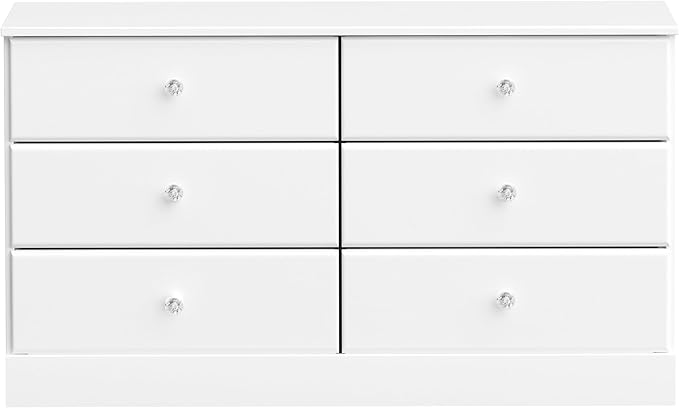 Prepac Astrid 6 Drawer Double Dresser for Bedroom with Crystal Knobs, Wide Chest of Drawers, Bedroom Furniture, Clothes Storage and Organizer, 15.5" D x 47.5" W x 26.85" H, White