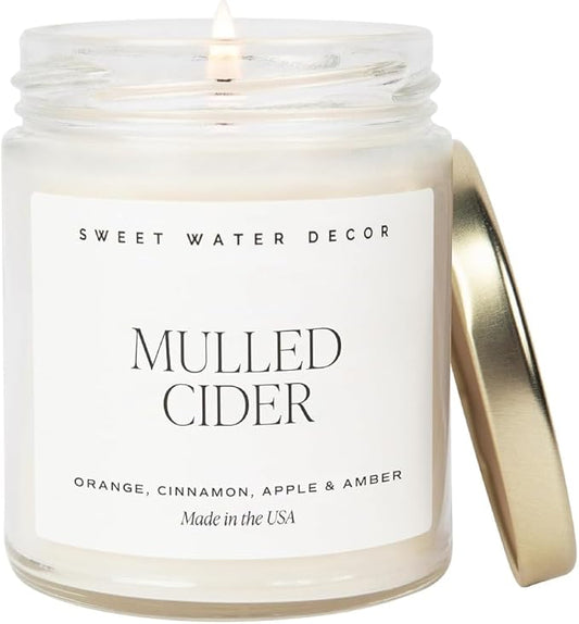 Sweet Water Decor Mulled Cider Candle - Fall Scented with Cinnamon, Icing and Cinnamon Buttery Pastry for Home - Fall Soy Candle with 40 Hours Burn Time - 9Oz Gold Lid Clear Jar Mulled Cider Scents