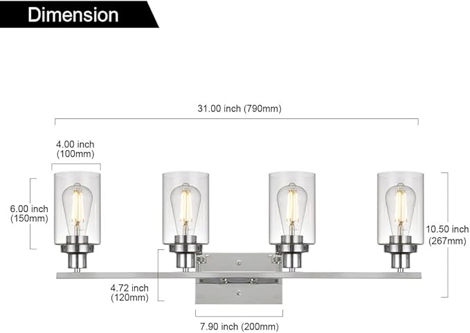 MELUCEE 4-Light Bathroom Lighting Fixtures with Clear Glass Shade Chrome Finish, Modern Vanity Light Wall Mount Lamp for Bedroom Dressing Table Mirror Cabinets Vanity Table (Patent No.: US D963914 S)