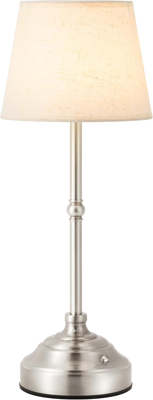 Cordless Table Lamp, Rechargeable Desk Lamp with Fabric Shade, Battery Operated Lamp 3 Color Stepless Dimming, Portable Touch Bedside Lamp Home Decor for Dining, Counter (Brushed Sliver)