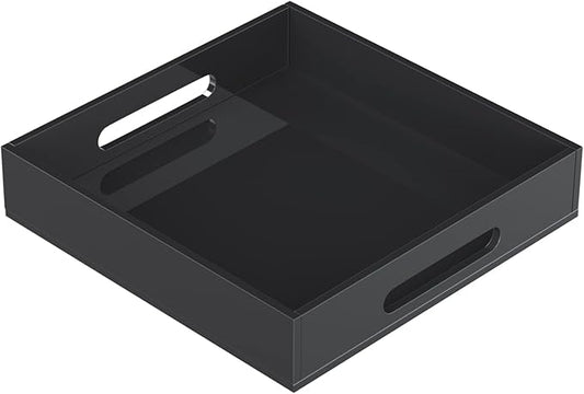 Acrylic Serving Tray with Handles-12x12x2.36Inch-Decorative Tray Letter Tray Organizer for Ottoman Coffee Table Countertop, Black