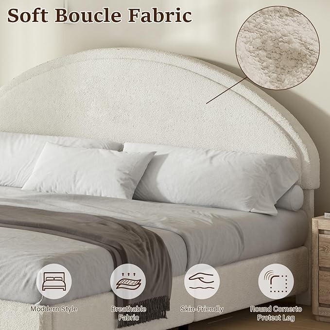 King Size Bed Frame with Round Headboard, Boucle Upholstered Bed with Round Headboard, Soft Arch Shaped Modern Style, No Box Spring Required, Easy Assembly, White