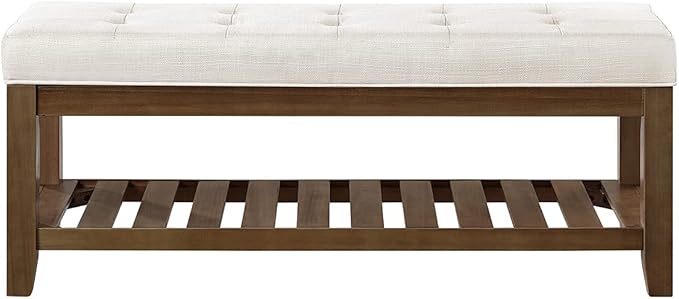 24KF Large Rectangular Upholstered Tufted Linen Ottoman Bench, Padded Bench with Solid Wood Shelf-Ivory