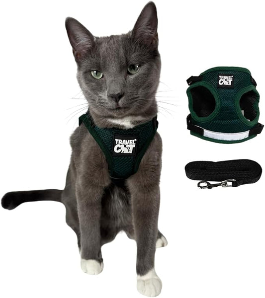 Travel Cat The Emerald Explorer Limited Edition Green Harness and Leash Set - Adjustable Fit Mesh Cat Harness with Reflective Strap - Escape Proof Harness for Cats, Kitten (Medium)