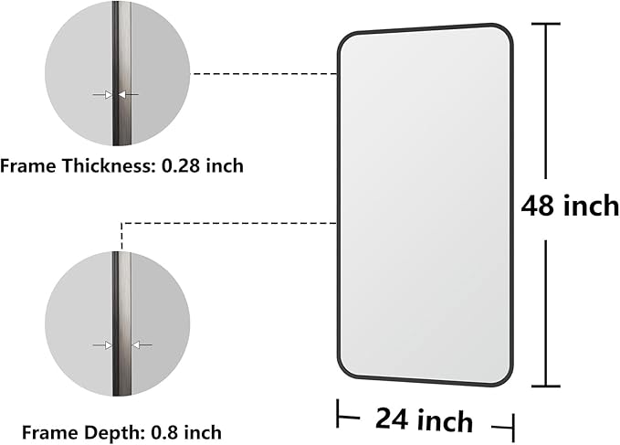 Koonmi Bathroom Mirror, 24X48 Brushed Black Metal Framed Wall-Mounted Mirror for Over Sink, HD Tempered Glass, Anti-Rust, Rounded Rectangle Mirror for Restroom, Bedroom, Hangs Horizontal or Vertical