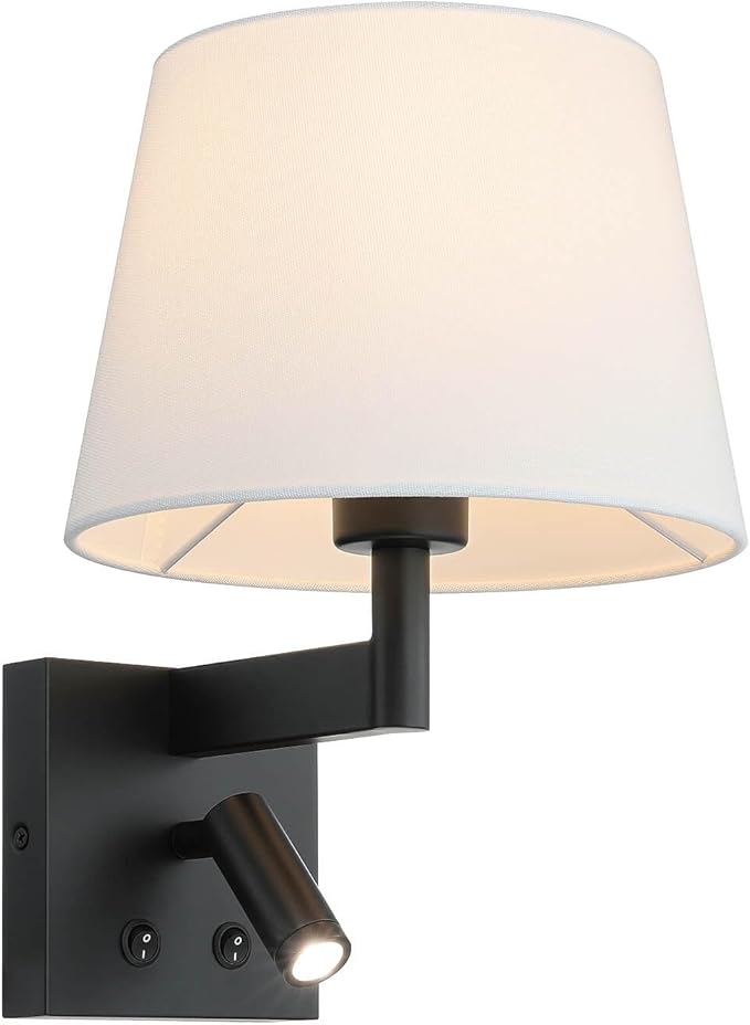 XiNBEi Lighting Hardwired Wall Sconce with LED Integrated Reading Light, Bedroom Wall Lamp with Linen Fabric Shade & On/Off Switch Modern Bedside Sconce Lighting Fixture, Matte Black XB-W468-LED-MB