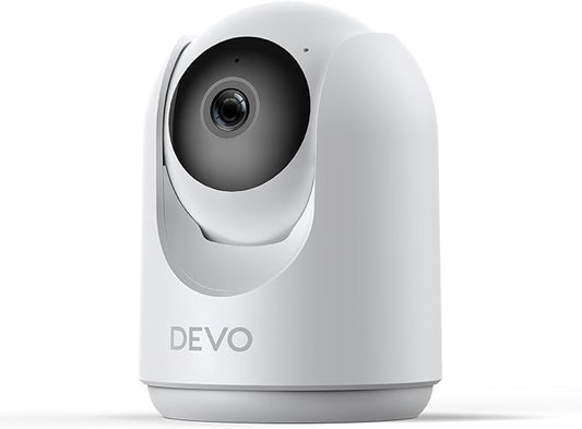 Devo Indoor Smart Cameras for Home Security 2K, 355° Pan-Tilt Human Pet Dog Baby Monitor Camera with Phone App, WiFi Motion Detection, 2-Way Audio, Color Night Vision 256GB SD Card & Cloud White