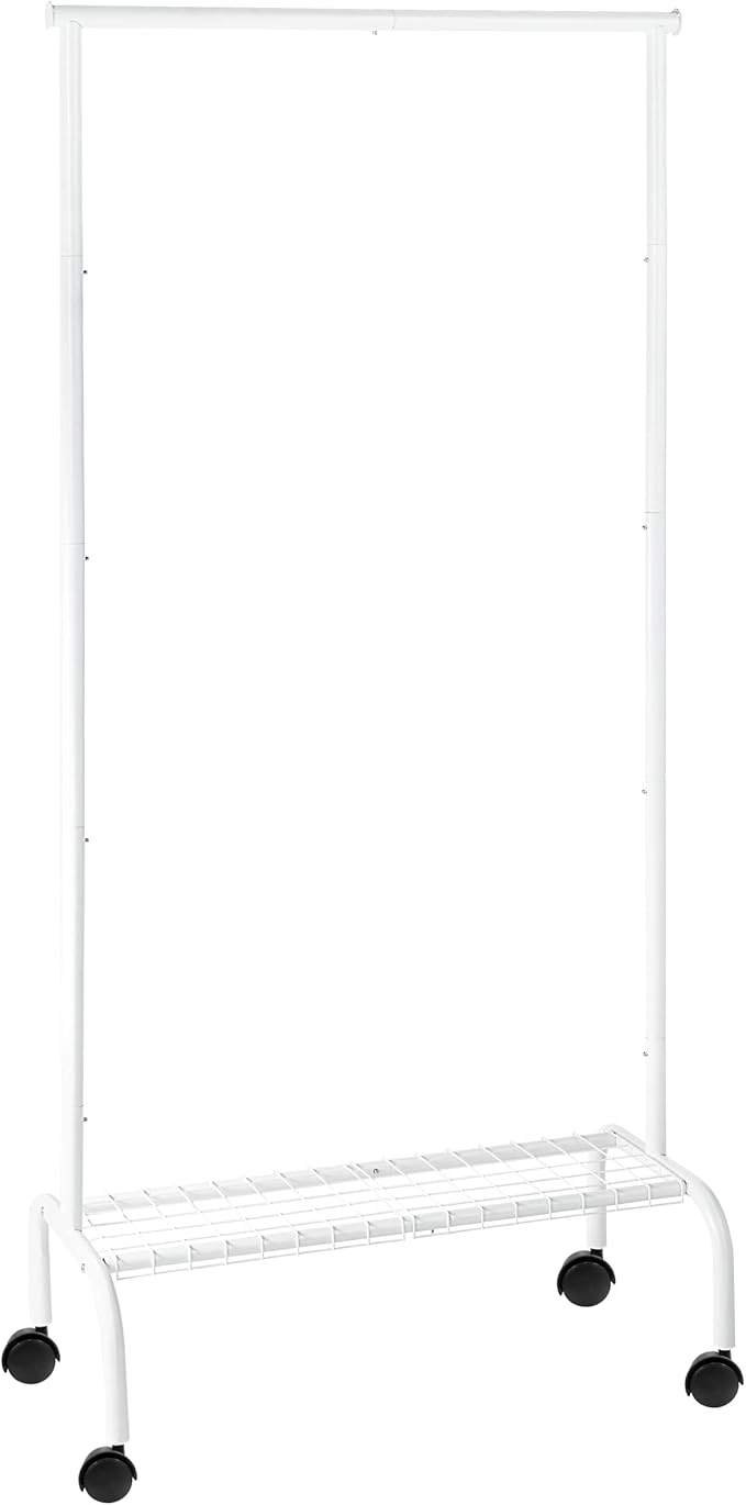 SunnyPoint Rolling Garment Rack with Shelf – Heavy-Duty Metal Clothing Rack on Wheels, 64.9” Tall Clothes Organizer with Bottom Storage, White