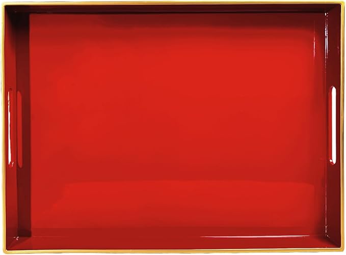 Large Red Rectangular Decorative Tray – Plastic Serving Tray with Handles for Coffee Table, Ottoman, Living Room, 15.7” x 11.8” x 1.6
