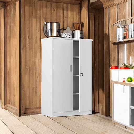 Metal Storage Cabinet with Locking Doors and 3 Adjustable Shelves, 53.5-Inch Lockable Storage Cabinets for Home Office Garage Kitchen Pantry (White)
