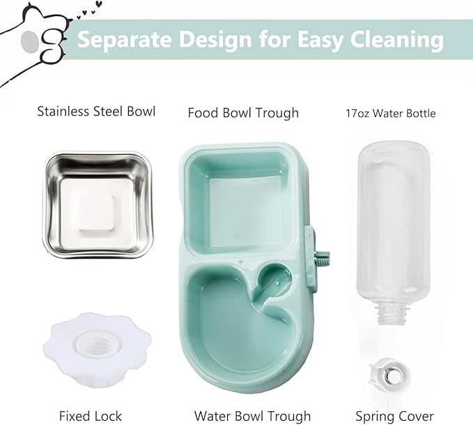 Hanging Dog Bowls, Cage Automatic Cat Food and Water Bowl Set with Water Dispenser and Stainless Steel Bowl, Detachable Gravity Pet Feeder and Waterer Set for Cats Dogs Puppy Rabbit (Pink)