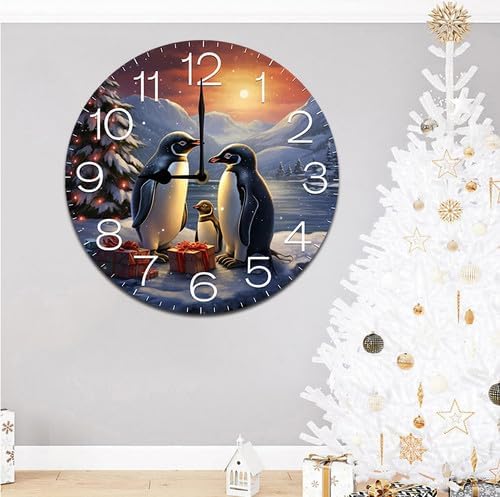 Christmas Tree and Penguins Wall Clock Large Silent Non-Ticking Battery Operated Modern Clocks for Living Room Decor/Bedroom/Office (12x12 in)