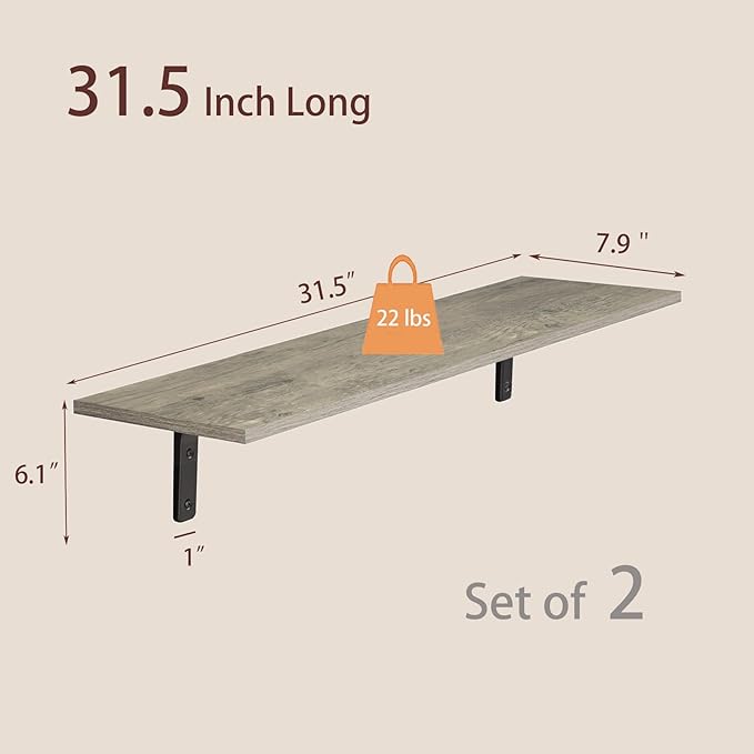 DINZI LVJ Long Wall Shelves, 31.5 Inch Wall Mounted Shelves Set of 2, Easy-to-Install, Floating Storage Ledges with Sturdy Metal Brackets for Living Room, Bathroom, Bedroom, Kitchen, Gray Wash