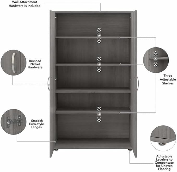 Bush Business Furniture Universal Tall Storage Cabinet with Doors and Shelves in Platinum Gray | Large Storage Unit for Home Office or Commercial Space