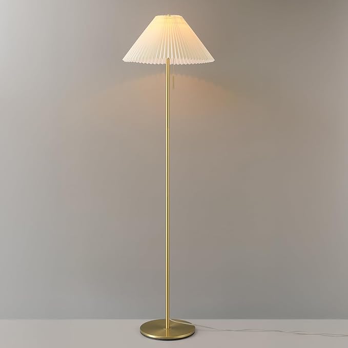 GLOBE Electric 61000176 62" Floor Lamp, Brass Finish, Metal, Pleated Fabric Shade, Flat Base, Pull Chain Switch on Socket, Reading Light, Office Accessories, House Decor