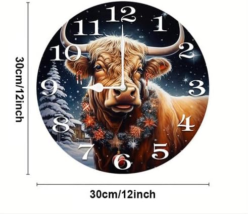 Cow with Christmas Wall Clock Large Silent Non-Ticking Battery Operated Modern Clocks for Living Room Decor/Bedroom/Office (12x12 in)