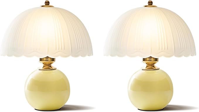 Ceramic Table lamp Set of 2, Modern Bedside Lamps Mid Century Vintage Desk Lamp Retro Glass Mushroom Traditional Lamp for Nightstand Living Room Bedroom Home Decor (S05YE-2PACK)