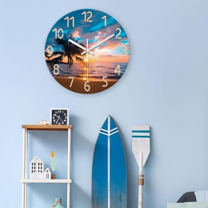 XFM Blue Nautical Beach Wall Clocks Battery Operated Palm Tree Wall Clocks for Living Room 12 Inch Round Glass Silent Wall Clock Non Ticking Sunset Clock
