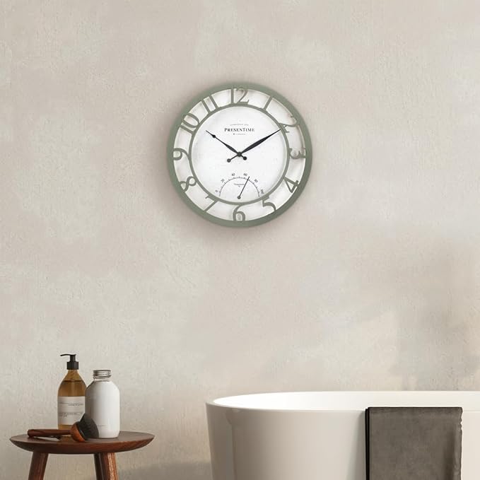 Presentime & Co 13" Farmhouse Outdoor Wall Clock w/Outdoor Thermometer, Modern Style, Raised 3D Arabic Numerals, Olive/Sage Green Finish (Wall Clock for Patio, Cottage, Poolside, Garden Spaces)