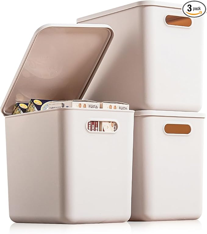 Plastic Storage Bins with lids,Storage Baskets,Container with handle,Storage Organizer Bins for Shelves,Office,Bedrooms,Closets, Cabinets(Gray,3L)