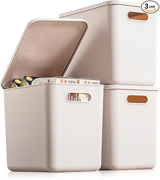 Plastic Storage Bins with lids,Storage Baskets,Container with handle,Storage Organizer Bins for Shelves,Office,Bedrooms,Closets, Cabinets(Gray,3L)