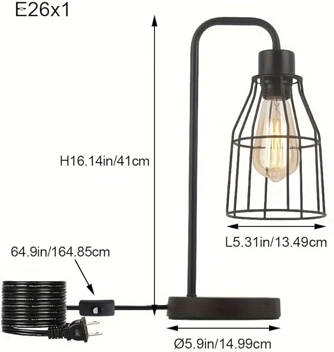 Industrial Vintage Table Lamp with Plug-in Cord Switch, Black Farmhouse Table Lamp with Metal Cage Shade, E26 Base Edison Bedroom Nightstand Light for Bedside, Office, Living Room