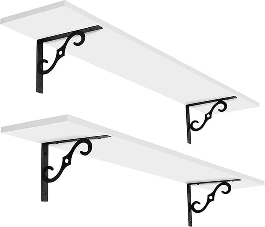 DINZI LVJ Long Wall Shelves, 39.4" Large Floating Shelves Set of 2, Farmhouse Display Shelf Wall Mounted with Heavy Duty Brackets, Easy Assembly for Kitchen, Bathroom, Bedroom, Balcony, White