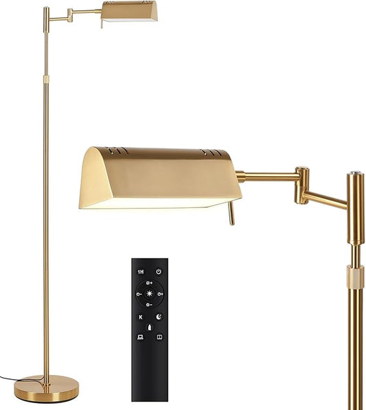 SUNMORY Dimmable LED Pharmacy Floor Lamp, 16W/1500LM Bright Reading Floor Lamp with Remote & Touch Control, 350°Swing Arm, Adjustable Task Craft Standing Lamp for Living Room Bedroom Office, Gold