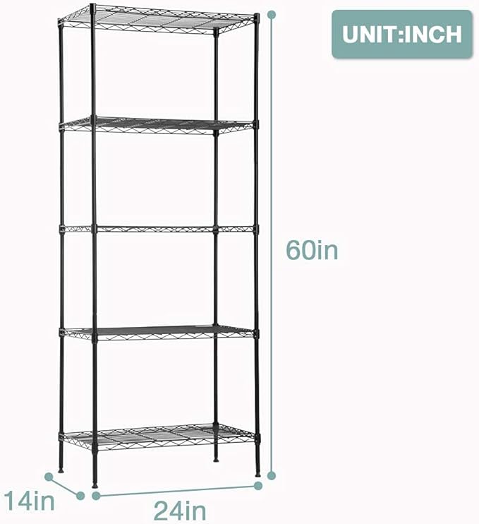 FDW 14Dx24Wx60H Wire Rack 5 Shelf Storage Unit Wire Shelving Unit Metal Shelf Organizer Heavy Duty Certification Commercial Grade Rack Utility for Bathroom Office Kitchen (Black)