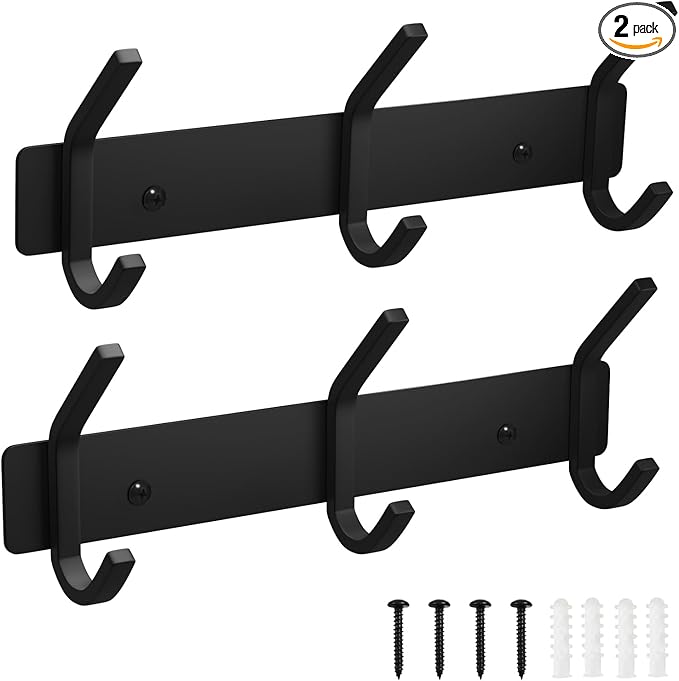 VAEHOLD 2PACK Coat Hooks Wall Hook for Hanging Clothes Robes Towels Hats Heavy Duty Coat Hanger Coat Rack Wall Mount with 3 Hooks - Black