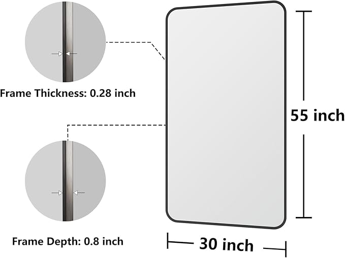 Koonmi Bathroom Mirror, 30X55 Inch Black Metal Framed Mirror for Bathroom, Tempered Glass, Anti-Rust, Rounded Rectangle Mirror for Restroom, Bedroom, Black