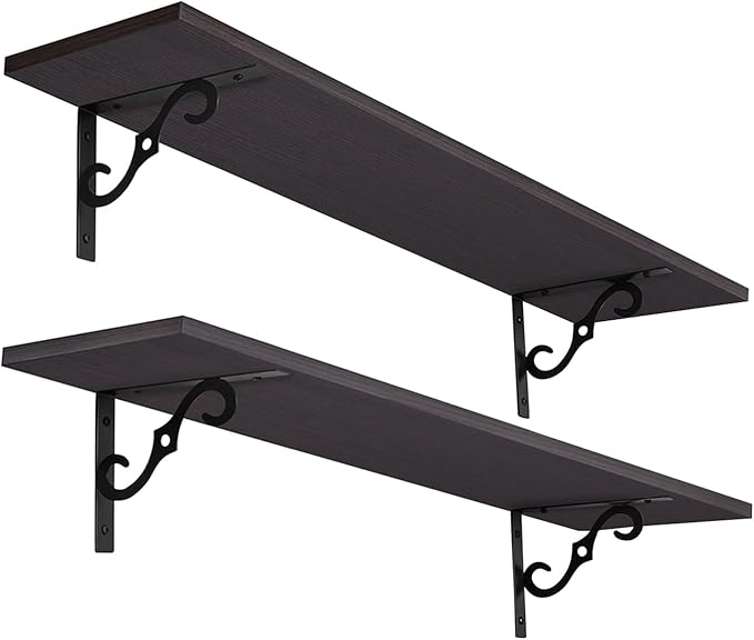 DINZI LVJ Long Wall Shelves, 31.5" Large Floating Shelves Set of 2, Farmhouse Display Shelf Wall Mounted with Heavy Duty Brackets, Easy Assembly for Kitchen, Bathroom, Bedroom, Balcony, Espresso