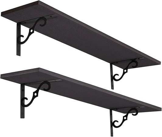 DINZI LVJ Long Wall Shelves, 31.5" Large Floating Shelves Set of 2, Farmhouse Display Shelf Wall Mounted with Heavy Duty Brackets, Easy Assembly for Kitchen, Bathroom, Bedroom, Balcony, Espresso