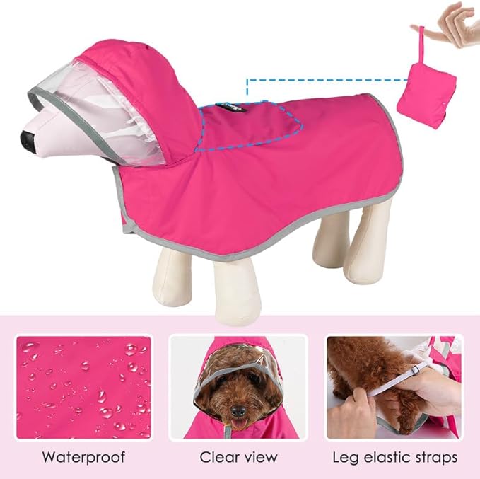 SlowTon Dog Raincoat, Adjustable Dog Rain Jacket Clear Hooded Double Layer, Waterproof Poncho with Reflective Strip Straps and Storage Pocket for Small Medium Large Dogs Puppies(FU L)