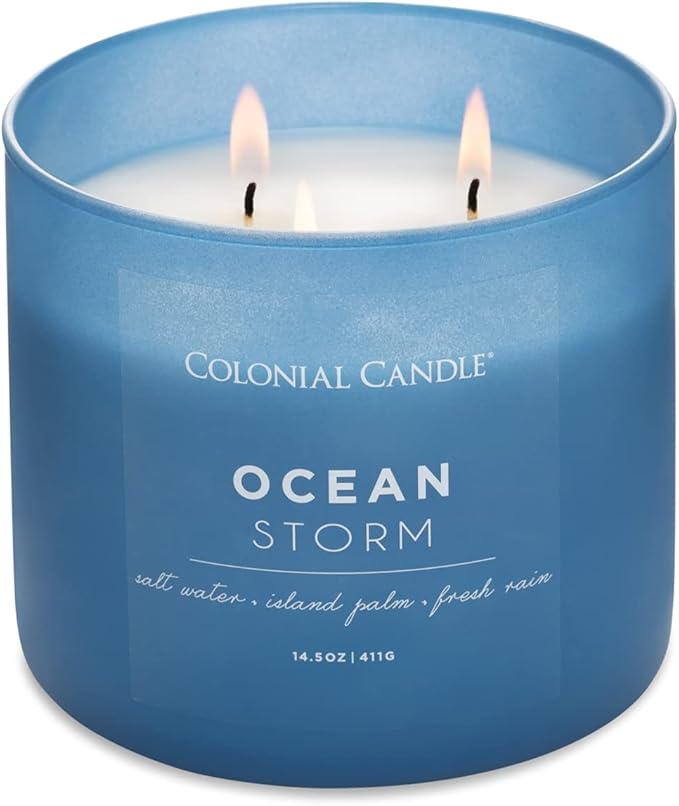 Colonial Candle Ocean Storm Scented Jar Candle, Pop of Color Collection, 3 Wick, Blue, 14.5 oz - Up to 60 Hours Burn