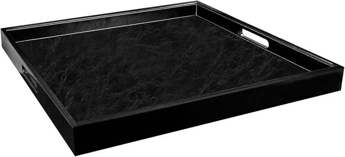 25 * 25 inches Leather Rectangle Serving Tray with Hole Handles,High-End Light Large Service Tray for Ottoman Tray, Tea, Food, Butler - Countertop, Kitchen,Family Dinner, Picnic (Black)
