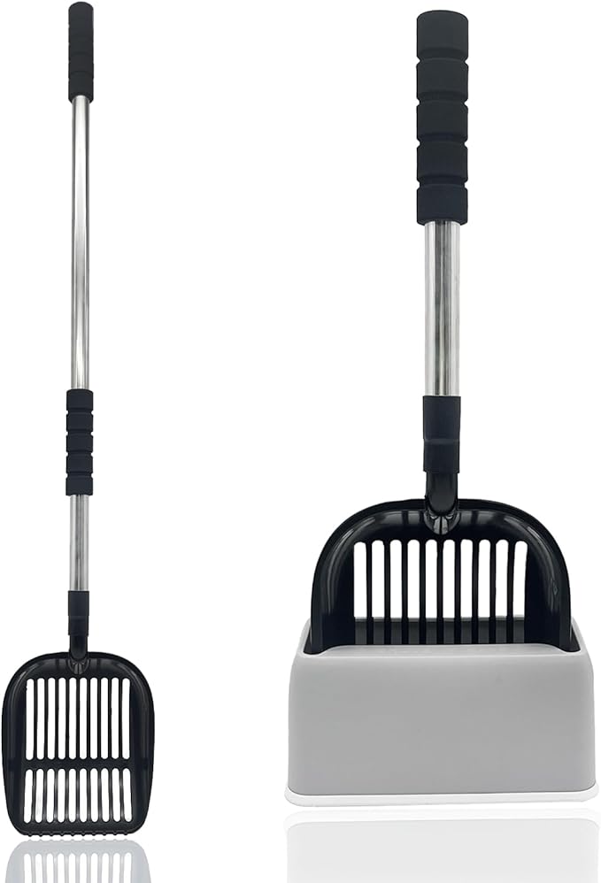 PINVNBY Cat Litter Scooper, Long Handle Litter Sifter Scoop with Litter Scoop Holder Stainless Steel Kitten Scooper Deep Kitty Litter Scooper with Box Metal Detachable Sifting Litter Shovel Set