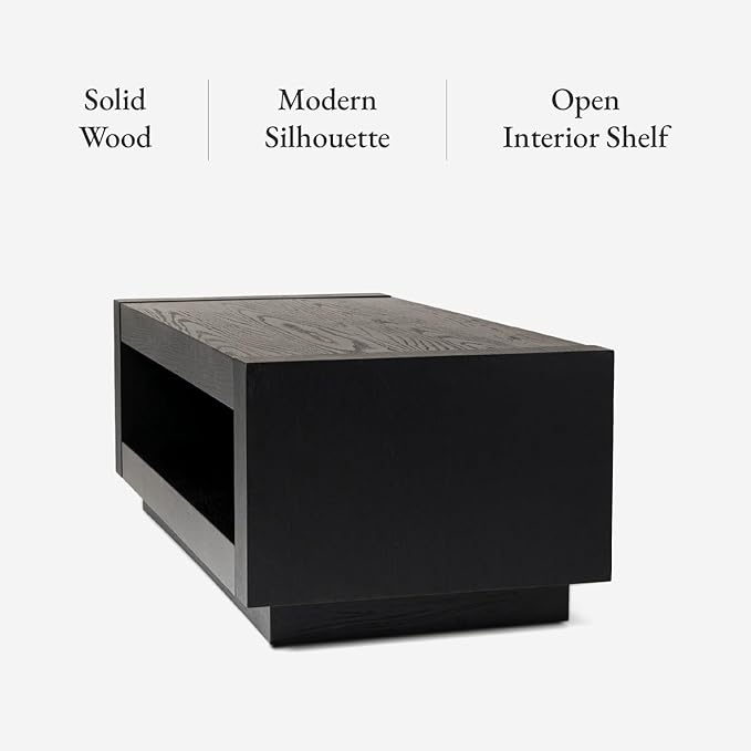 Maven Lane Artemis Coffee Table – 18 Inch Rectangle Table with Storage – Black Solid Wood – Ideal for Living Room and Lounge