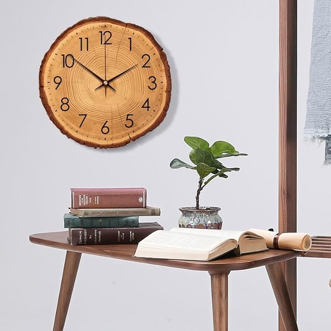 Rustic Wood Wall Clock, Silent Non-Ticking, 12 Inch Round, Battery Operated, Farmhouse Style, for Home, Kitchen, Bathroom, Bedroom, Office