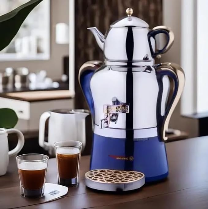 Korkmaz Hanedan A843-04 Stainless Steel Samovar, Upper Pot 1.3 L (43.9 Oz), Bottom Pot 3.5 L(118.3 Oz) Electric Turkish Tea Maker Set, Double Pots Tea Machine, Inox, Rosegold, 110 V US Plug, 5.1-Quart