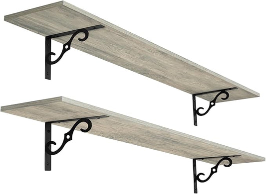 DINZI LVJ Long Wall Shelves, 55.1" Large Floating Shelves Set of 2, Farmhouse Display Shelf Wall Mounted with Heavy Duty Brackets, Easy Assembly for Kitchen, Bathroom, Bedroom, Balcony, Gray Wash